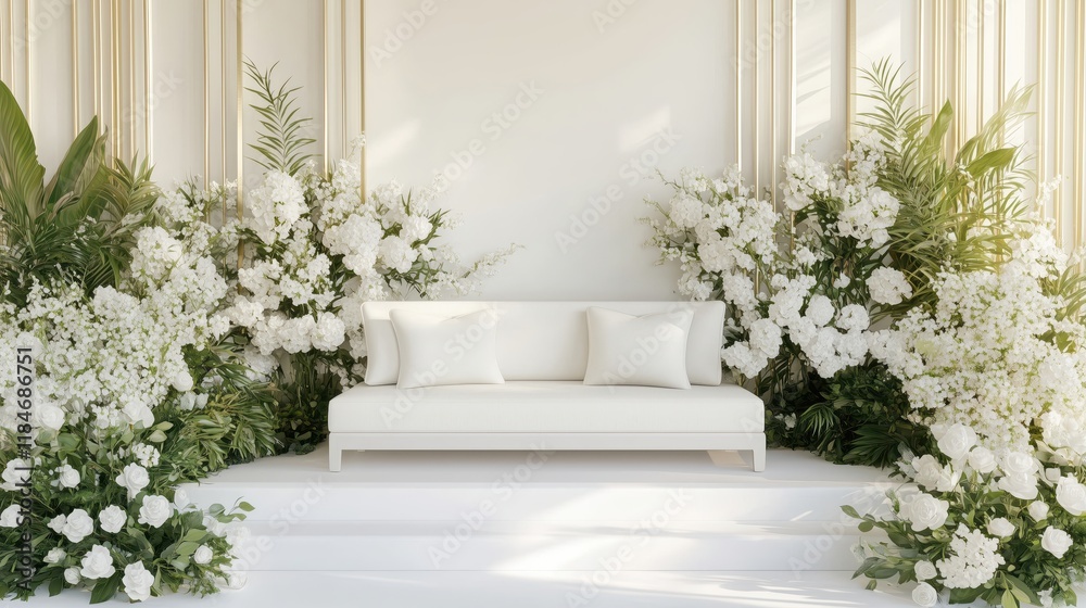 The white sofa, adorned with white pillows, is perfectly positioned on a white platform, flanked by graceful floral arrangements and greenery. The white sofa, adorned with white pillows, is perfectly positioned on a white platform, flanked by graceful floral arrangements and greenery.