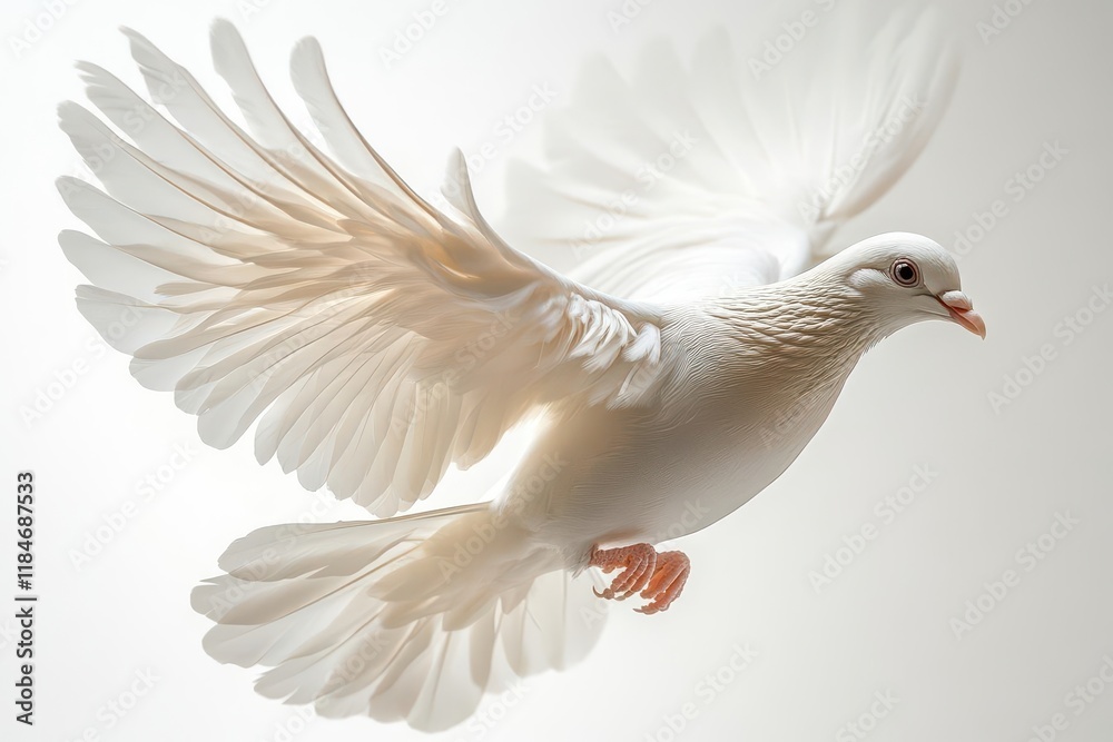 Fototapeta premium majestic white dove in midflight with spread wings symbolizing peace and freedom against pure white background with soft natural lighting