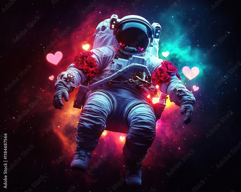 Naklejka premium Spacesuit adorned with red roses and glowing hearts, astronaut floating near a colorful nebula, romantic space Valentine, unique concept