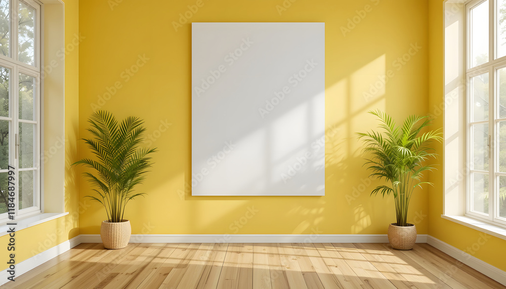 Fototapeta premium A yellow blank room with a white poster mockups with palm plant pot minimal interior design 