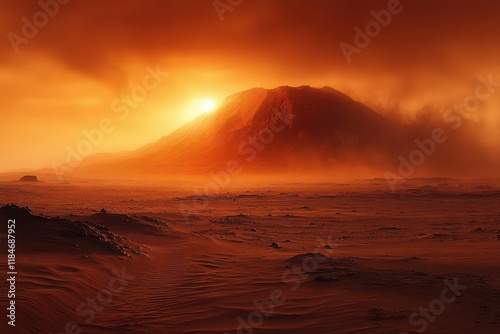 martian landscape at sunset with massive olympus mons volcano silhouetted against orange sky dust storm rolling across red desert plains
