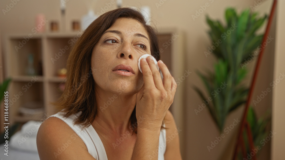 Middle-aged woman applying facial treatment in a spa with a cotton pad for skin care in an indoor wellness center Middle-aged woman applying facial treatment in a spa with a cotton pad for skin care in an indoor wellness center