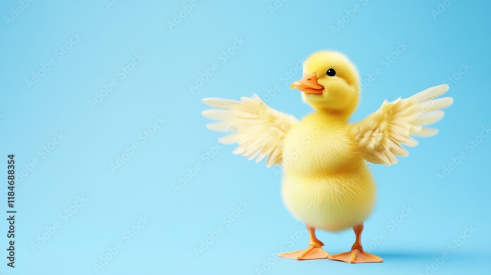 Yellow duckling standing, wings flapping, facing sideways against soft blue backdrop Yellow duckling standing, wings flapping, facing sideways against soft blue backdrop