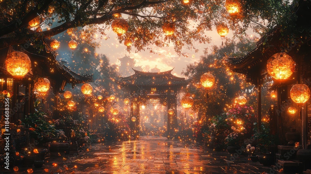 Obraz premium Enchanting Evening Lanterns Illuminate Serene Traditional Pathway