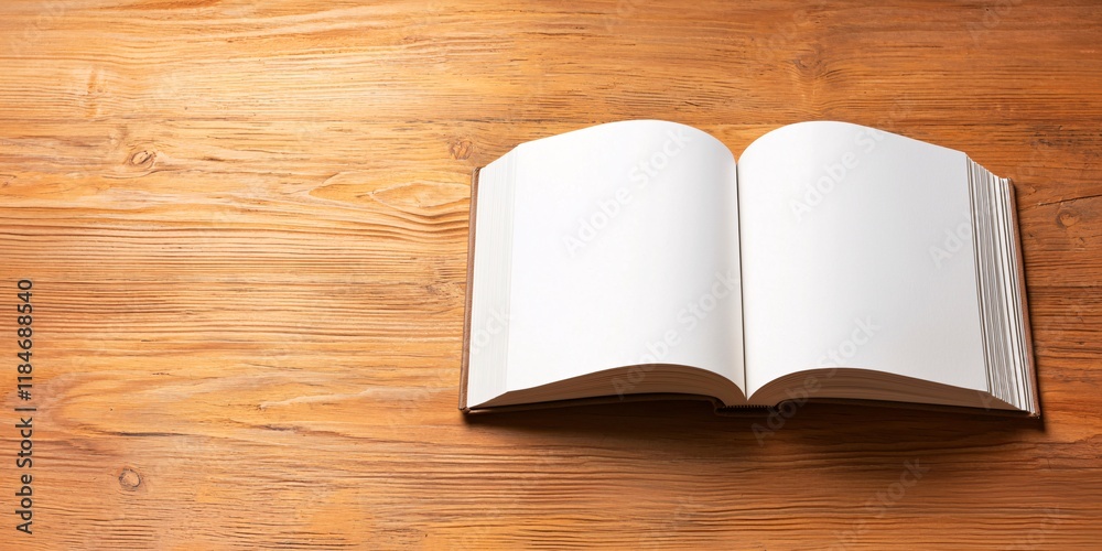 A beautifully open book resting on a wooden surface invites readers to imagine endless adventures within its blank pages. A beautifully open book resting on a wooden surface invites readers to imagine endless adventures within its blank pages.