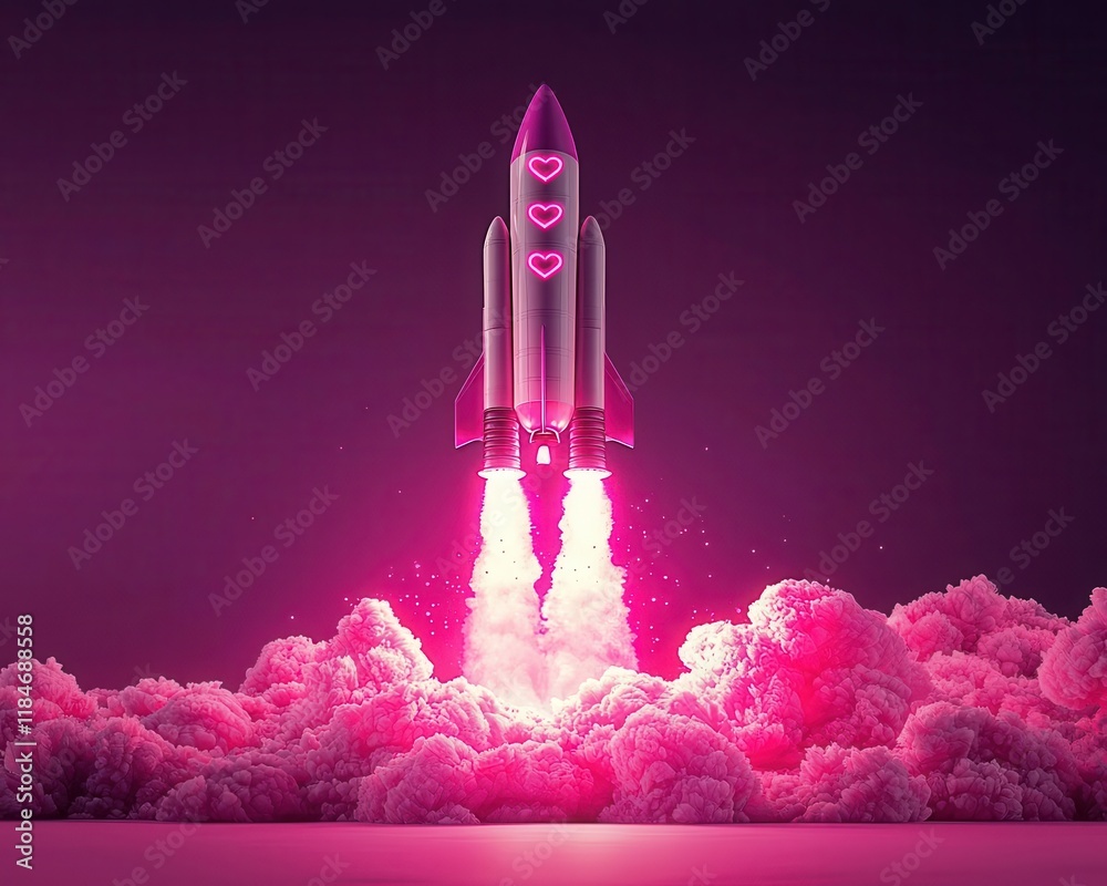 Obraz premium Heartshaped starship landing on a glowing pink planet, love symbols etched on its surface, Valentine aerospace, exploration of love