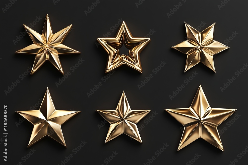 Obraz premium Golden star isolated. Christmas stars of various shapes. Realistic 3d metallic golden design element