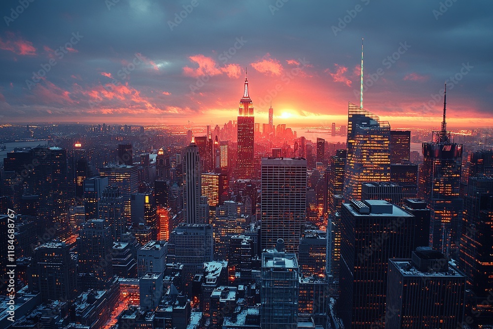 Obraz premium A stunning sunset over a city skyline, highlighting tall buildings and vibrant colors.