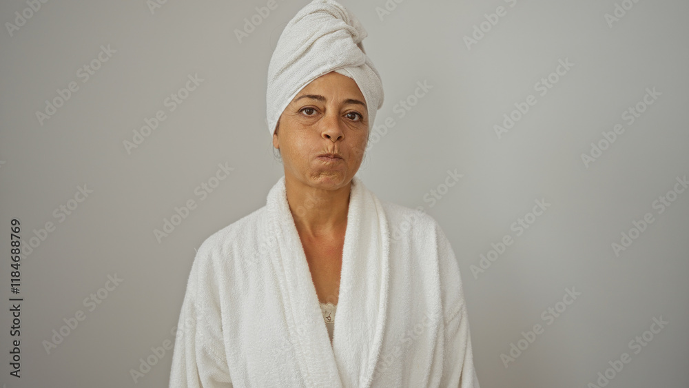 Middle-aged woman in bathrobe and towel on head isolated on white background with neutral expression. Middle-aged woman in bathrobe and towel on head isolated on white background with neutral expression.