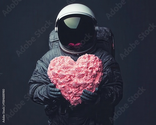 Astronauts celebrating Valentine s Day with a heartshaped cake in zero gravity, space Valentine, celebration among the stars photo