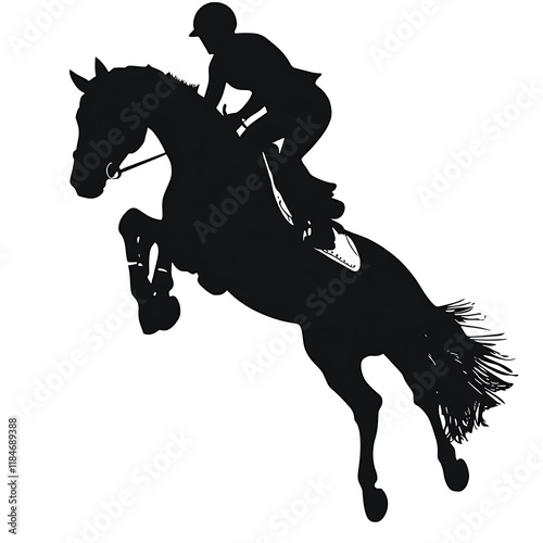 Black silhouette of a horse and rider jumping isolated on white background.PNG photo