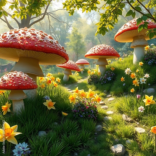 Enchanting path with giant mushrooms and daffodils in a sunlit forest. photo