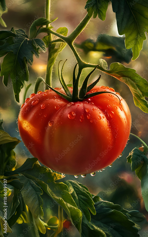 ripe beautiful deep red tomato under rain drops in garden. close up. Digital artwork. Ai generated.