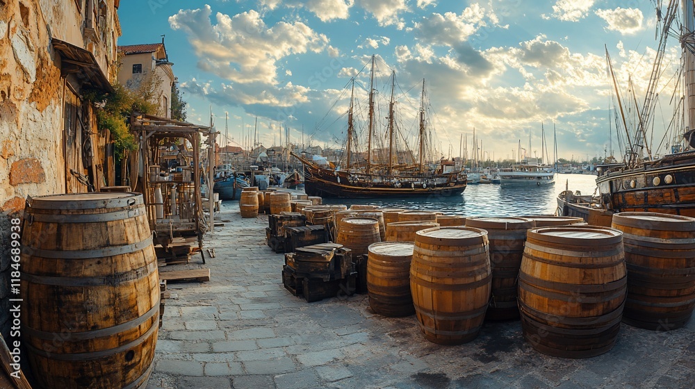 Fototapeta premium Harbor sunset with wooden barrels and historic sailing ships.