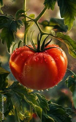 Obraz na płótnie ripe beautiful deep red tomato under rain drops in garden. close up. Digital artwork. Ai generated. w salonie