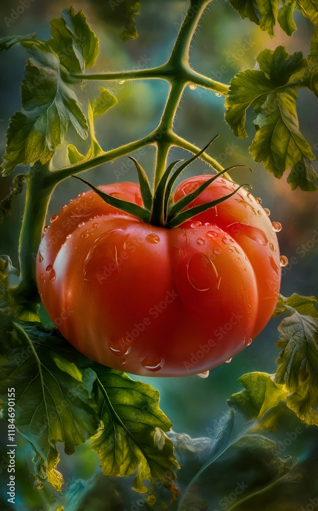 ripe beautiful deep red tomato under rain drops in garden. close up. Digital artwork. Ai generated.