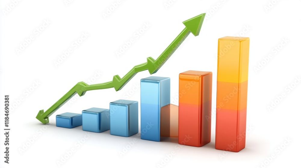 A D-rendered bar graph representing financial growth, with vibrant colors and arrows pointing upwards on a white background, symbolizing economic progress. A D-rendered bar graph representing financial growth, with vibrant colors and arrows pointing upwards on a white background, symbolizing economic progress.