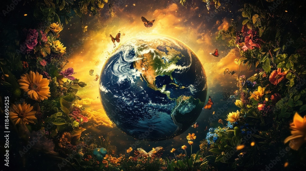 Vibrant Illustration of Earth Surrounded by Flowers and Animals Vibrant Illustration of Earth Surrounded by Flowers and Animals