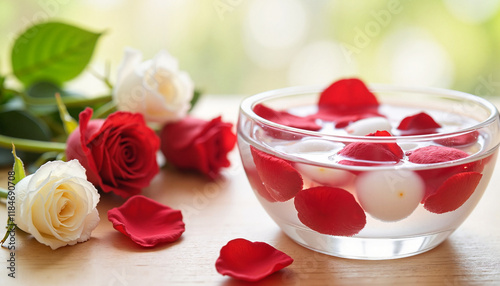 Serene glass bowl with floating rose petals, spa tranquility