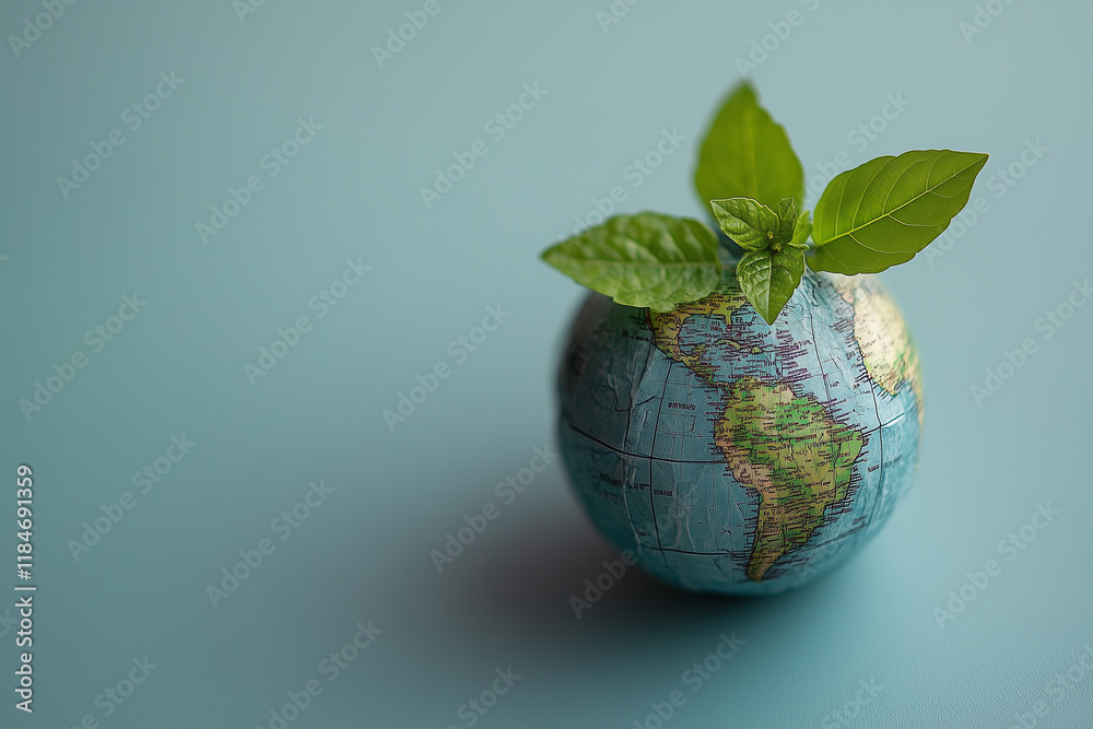 Miniature globe with fresh green leaves sprouting from it, symbolizing sustainability, nature conservation, and environmental harmony copy space Miniature globe with fresh green leaves sprouting from it, symbolizing sustainability, nature conservation, and environmental harmony copy space