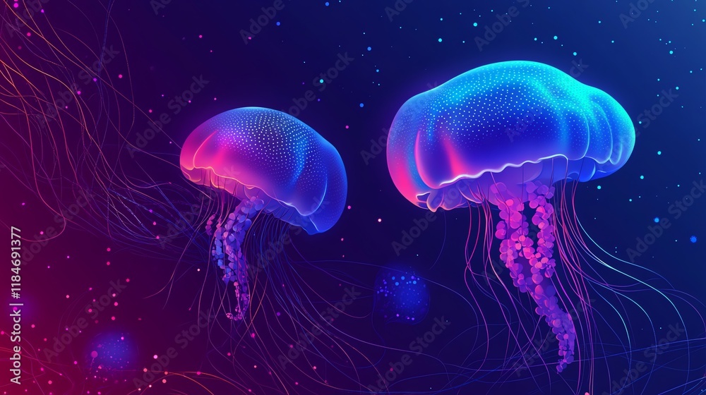Fototapeta premium Neon Jellyfish Abstract 3D Illustration