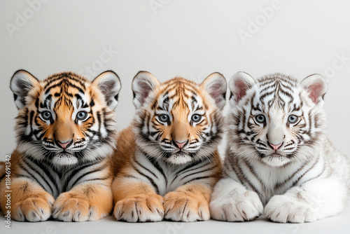 Three adorable tiger cubs, including a rare white tiger, lying side by side with piercing blue eyes, showcasing their beauty and uniqueness World Wildlife Day copy space photo