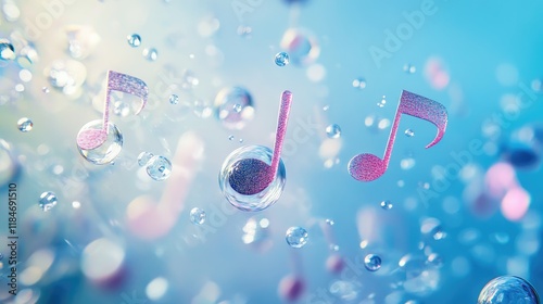 Bubbles shaped like musical notes floating in a soft blue background, creative and harmonious, colorful bubbles, music visualization photo