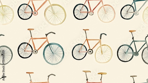 Watercolor bicycle pattern, pastel hues, repeating design