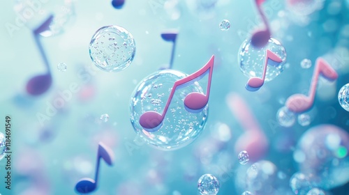 Bubbles shaped like musical notes floating in a soft blue background, creative and harmonious, colorful bubbles, music visualization photo