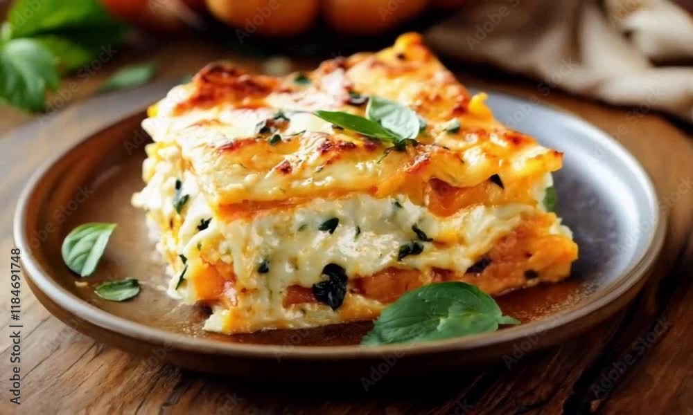 Delicious Plate of Butternut Squash Lasagna on a Wooden Table Delicious Plate of Butternut Squash Lasagna on a Wooden Table