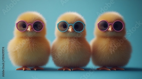 Three fluffy chicks wearing colorful sunglasses against a blue background.