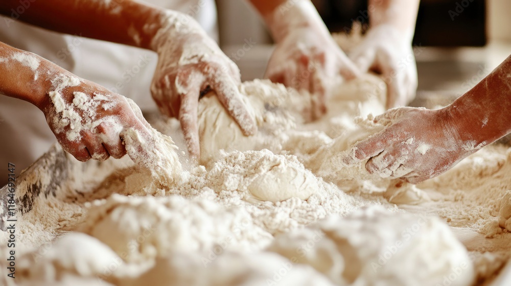 Fototapeta premium Hands kneading dough flour bread baking process