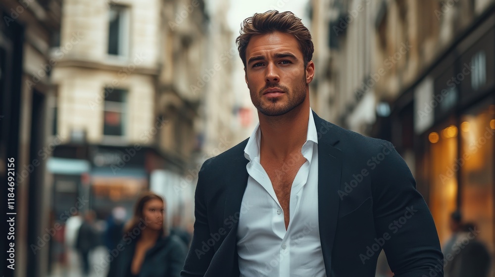 Man in suit walking city street stylishly dressed Man in suit walking city street stylishly dressed