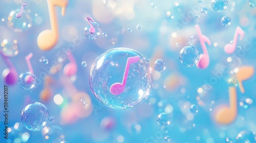 Bubbles shaped like musical notes floating in a soft blue background, creative and harmonious, colorful bubbles, music visualization photo