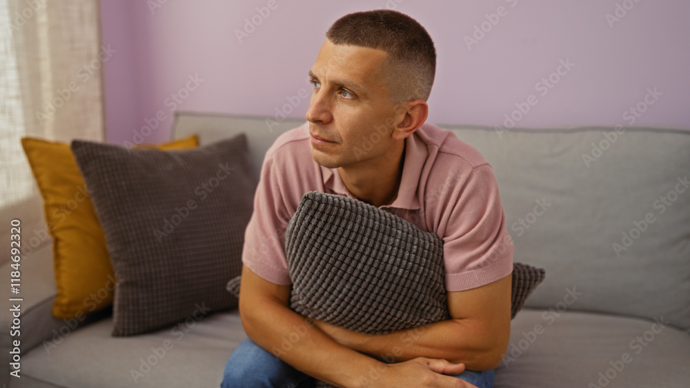 Young man sitting indoors in a living room, holding a pillow, looking pensive and casual. Young man sitting indoors in a living room, holding a pillow, looking pensive and casual.