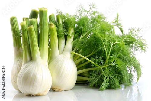 A close-up of a whole fresh fennel bulb with its green stems, lying on a white surface with a reflection. photo