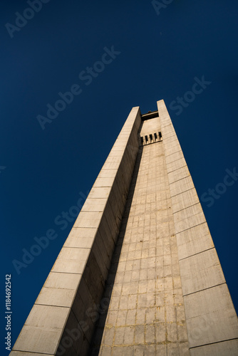 View of the iconic buzludzha monument against a blue sky with the balkan mountains in the background, Shipka, Bulgaria. photo