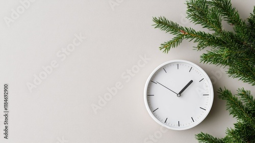 Wallpaper Mural Minimalist white clock on light background with evergreen branches Torontodigital.ca