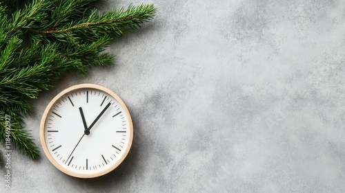 Round wall clock with green branches on textured surface photo