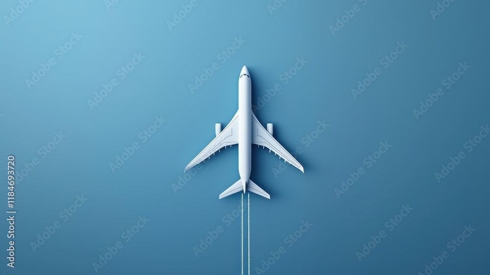 Fototapeta premium A sleek, white airplane flying against a solid blue background, emphasizing the theme of travel and aviation.