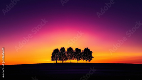 Faszinierender Sonnenaufgang über mystischer Landschaft mit silhouettierten Bäumen

