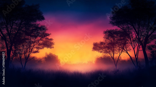 Faszinierender Sonnenaufgang über mystischer Landschaft mit silhouettierten Bäumen

