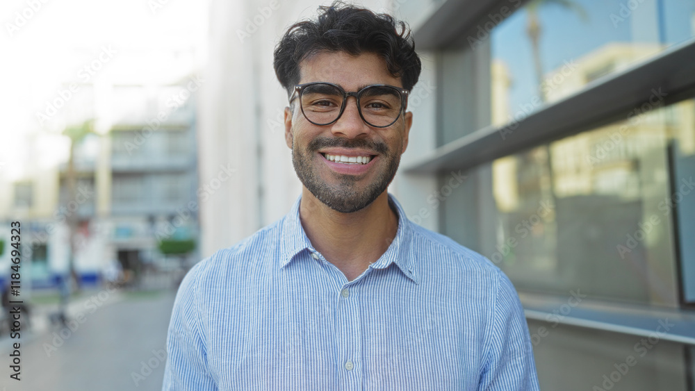 Handsome young hispanic man with a beard smiling outdoors on a city street wearing glasses and a striped shirt in an urban environment on a sunny day. Handsome young hispanic man with a beard smiling outdoors on a city street wearing glasses and a striped shirt in an urban environment on a sunny day.