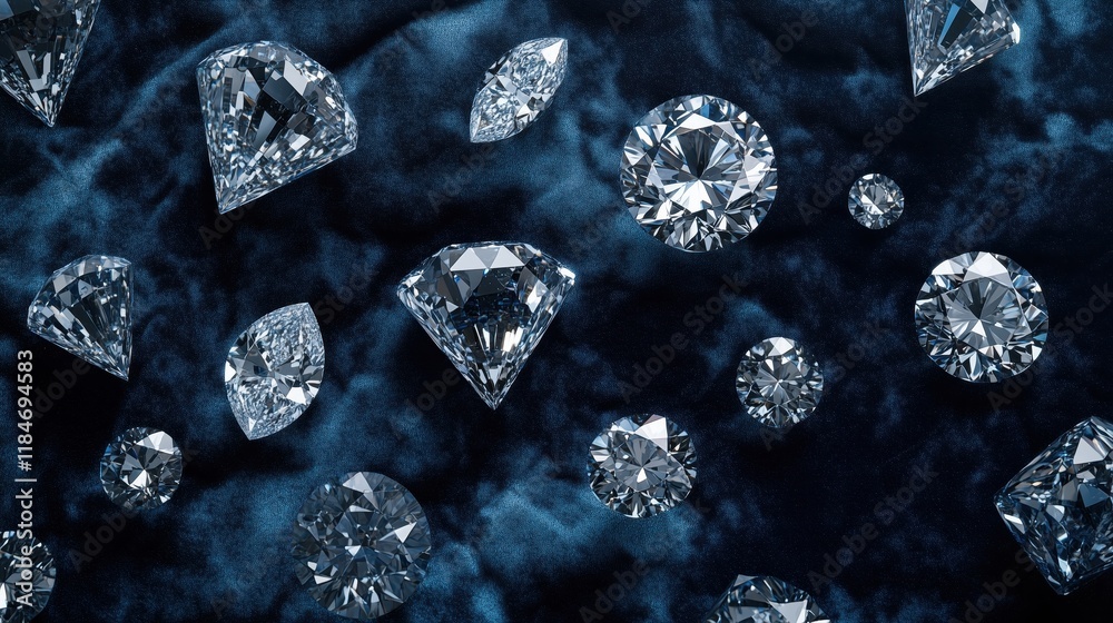 Ethically sourced lab-grown diamonds, showcasing their versatility in different cuts and sizes, are displayed on soft blue velvet. Ethically sourced lab-grown diamonds, showcasing their versatility in different cuts and sizes, are displayed on soft blue velvet.