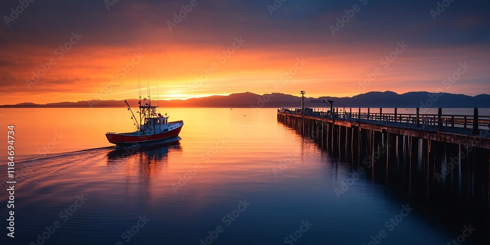 A tranquil early morning at Bay State Pier, with vibrant hues painting the sky as a boat gracefully sails into the horizon. A tranquil early morning at Bay State Pier, with vibrant hues painting the sky as a boat gracefully sails into the horizon.