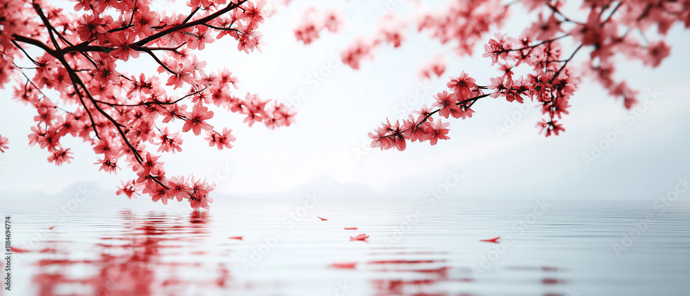 Idyllische Szene mit Kirschblüten am ruhigen Wasser und dramatischem Himmel
Idyllische Szene mit Kirschblüten am ruhigen Wasser und dramatischem Himmel