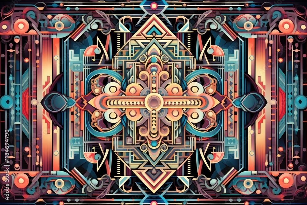 Fototapeta premium Intricate geometric patterns filled with vibrant colors create a captivating design suitable for modern art enthusiasts and creative projects in digital design