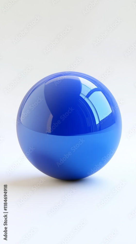 Blue polished metallic sphere reflecting bright light against pristine white surface Blue polished metallic sphere reflecting bright light against pristine white surface