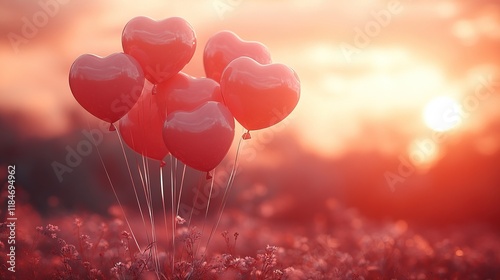 A cluster of red heart-shaped balloons against a sunset backdrop in a flower-filled field.