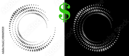 Modern abstract background. Halftone DOLLAR sign in spiral. Round logo. Design element or icon. Black shape on a white background and the same white shape on the black side.